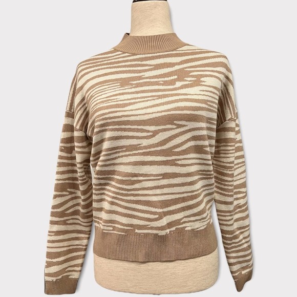 WAYF Sweater Women XS Tan White Pull Over Zebra Pattern Mock Neck Viscose - Picture 2 of 8